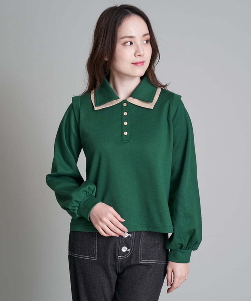 A de a.v.v(アードアー・ヴェ・ヴェ)の「二重襟スウェット(Tシャツ/カットソー・レディース・ブラック/グリーン・38/36)」の1枚目の写真