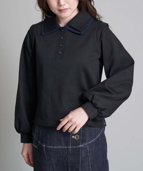 A de a.v.v(アードアー・ヴェ・ヴェ)の「二重襟スウェット(Tシャツ/カットソー・レディース・ブラック/グリーン・38/36)」の2枚目の写真