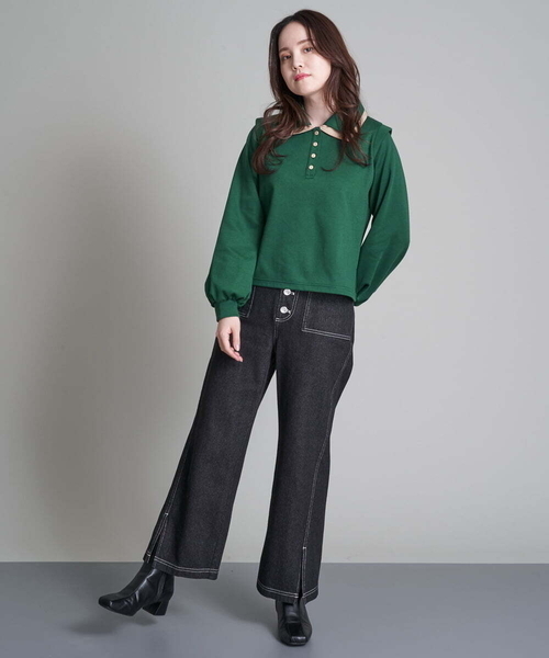 A de a.v.v(アードアー・ヴェ・ヴェ)の「二重襟スウェット(Tシャツ/カットソー・レディース・ブラック/グリーン・38/36)」の5枚目の写真