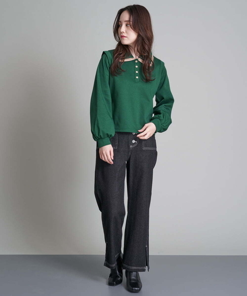 A de a.v.v(アードアー・ヴェ・ヴェ)の「二重襟スウェット(Tシャツ/カットソー・レディース・ブラック/グリーン・38/36)」の15枚目の写真