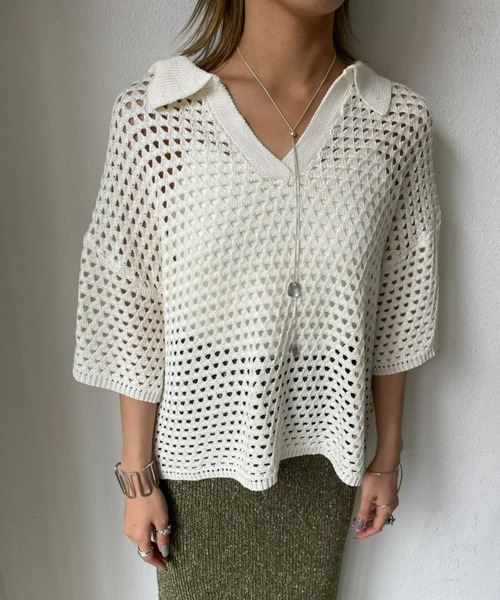 AIC.（エーアイシー）の「メッシュ編みポロニットトップス/セットアップ可能（ポロシャツ・レディース・ブラック/アイボリー・FREE）」の2枚目の写真