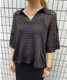 メッシュ編みポロニットトップス/セットアップ可能