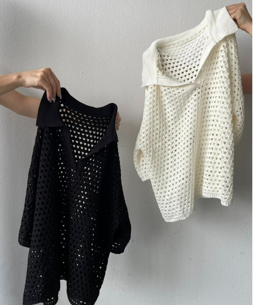 AIC.（エーアイシー）の「メッシュ編みポロニットトップス/セットアップ可能（ポロシャツ・レディース・ブラック/アイボリー・FREE）」の3枚目の写真