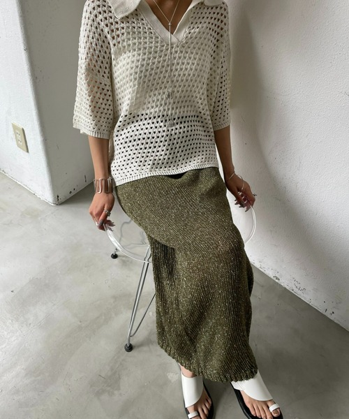 AIC.（エーアイシー）の「メッシュ編みポロニットトップス/セットアップ可能（ポロシャツ・レディース・ブラック/アイボリー・FREE）」の14枚目の写真