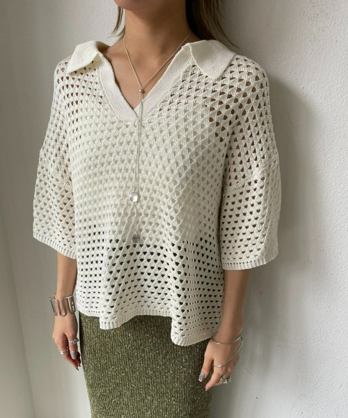 AIC.（エーアイシー）の「メッシュ編みポロニットトップス/セットアップ可能（ポロシャツ・レディース・ブラック/アイボリー・FREE）」の13枚目の写真