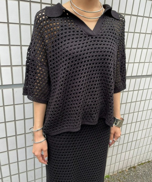 AIC.（エーアイシー）の「メッシュ編みポロニットトップス/セットアップ可能（ポロシャツ・レディース・ブラック/アイボリー・FREE）」の16枚目の写真