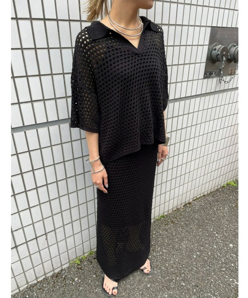 AIC.（エーアイシー）の「メッシュ編みポロニットトップス/セットアップ可能（ポロシャツ・レディース・ブラック/アイボリー・FREE）」の19枚目の写真