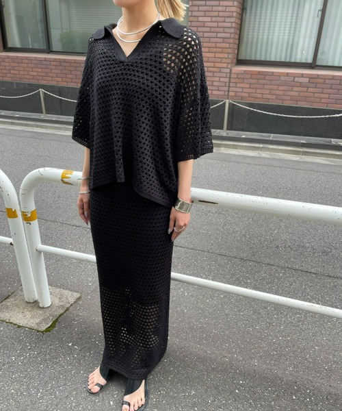 AIC.（エーアイシー）の「メッシュ編みポロニットトップス/セットアップ可能（ポロシャツ・レディース・ブラック/アイボリー・FREE）」の20枚目の写真