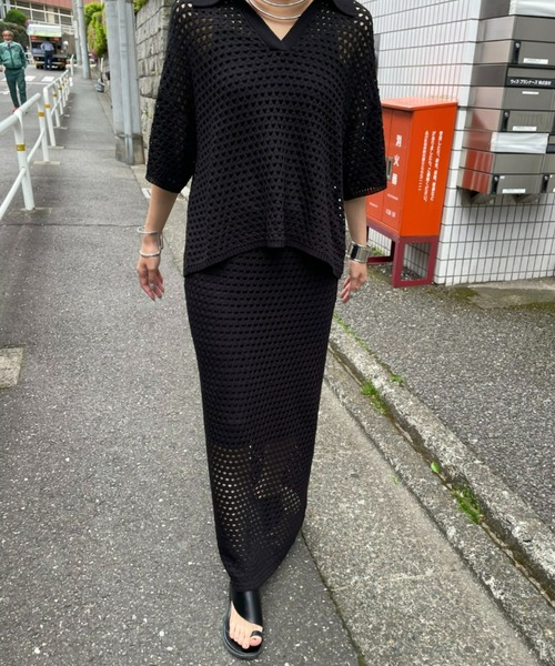 AIC.（エーアイシー）の「メッシュ編みポロニットトップス/セットアップ可能（ポロシャツ・レディース・ブラック/アイボリー・FREE）」の21枚目の写真