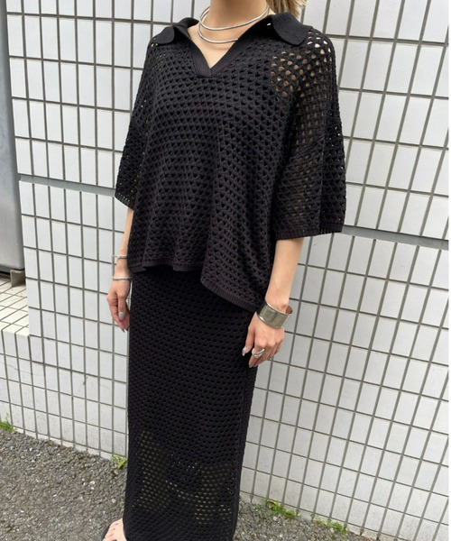 AIC.（エーアイシー）の「メッシュ編みポロニットトップス/セットアップ可能（ポロシャツ・レディース・ブラック/アイボリー・FREE）」の18枚目の写真
