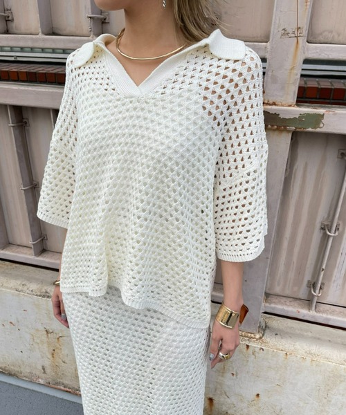 AIC.（エーアイシー）の「メッシュ編みポロニットトップス/セットアップ可能（ポロシャツ・レディース・ブラック/アイボリー・FREE）」の4枚目の写真