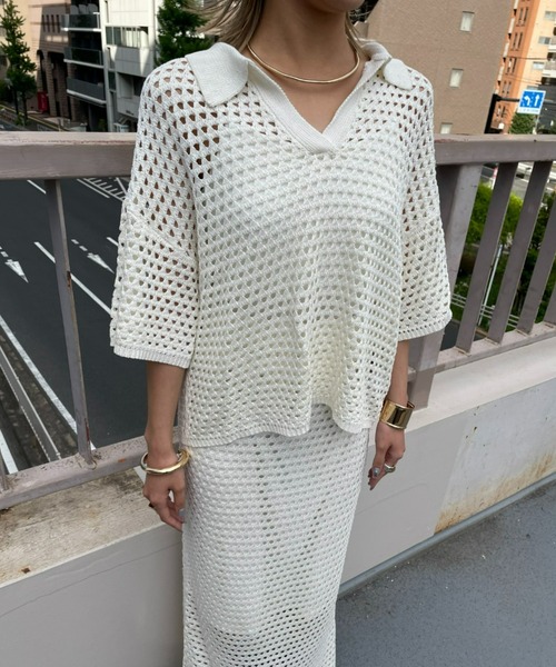 AIC.（エーアイシー）の「メッシュ編みポロニットトップス/セットアップ可能（ポロシャツ・レディース・ブラック/アイボリー・FREE）」の5枚目の写真