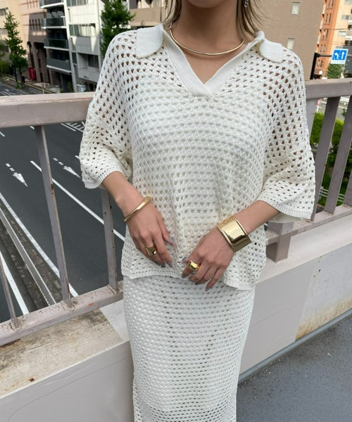 AIC.（エーアイシー）の「メッシュ編みポロニットトップス/セットアップ可能（ポロシャツ・レディース・ブラック/アイボリー・FREE）」の6枚目の写真