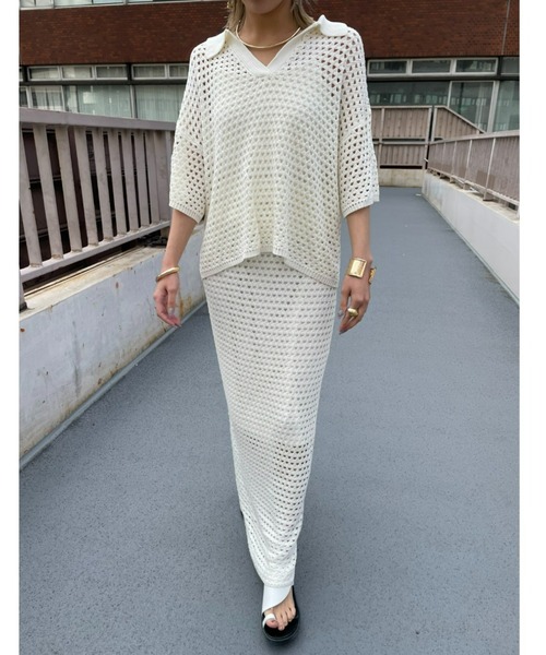 AIC.（エーアイシー）の「メッシュ編みポロニットトップス/セットアップ可能（ポロシャツ・レディース・ブラック/アイボリー・FREE）」の9枚目の写真