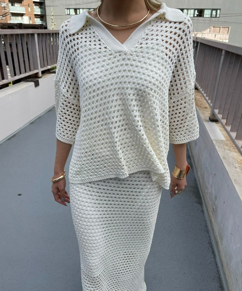 AIC.（エーアイシー）の「メッシュ編みポロニットトップス/セットアップ可能（ポロシャツ・レディース・ブラック/アイボリー・FREE）」の7枚目の写真