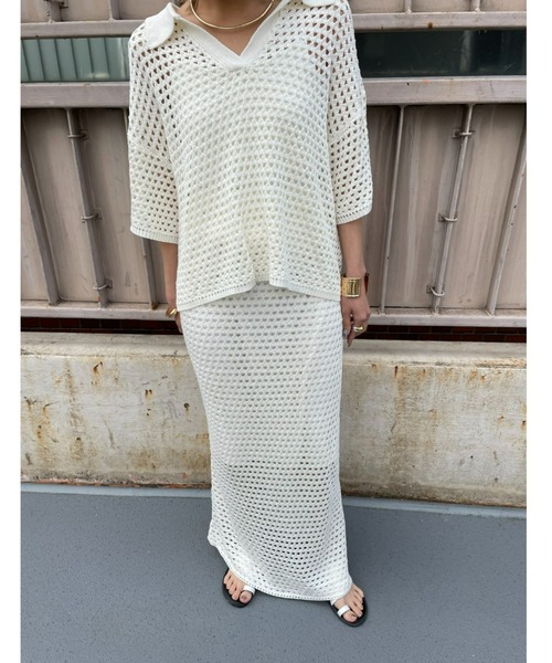 AIC.（エーアイシー）の「メッシュ編みポロニットトップス/セットアップ可能（ポロシャツ・レディース・ブラック/アイボリー・FREE）」の10枚目の写真