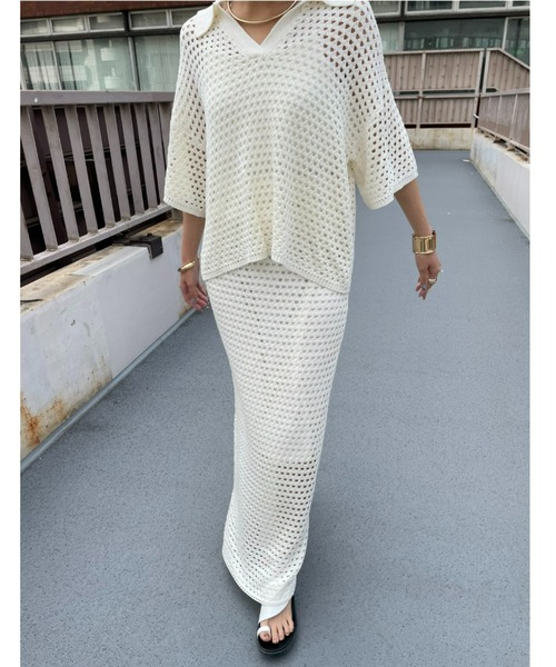 AIC.（エーアイシー）の「メッシュ編みポロニットトップス/セットアップ可能（ポロシャツ・レディース・ブラック/アイボリー・FREE）」の11枚目の写真