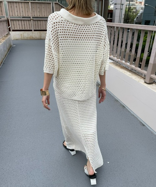 AIC.（エーアイシー）の「メッシュ編みポロニットトップス/セットアップ可能（ポロシャツ・レディース・ブラック/アイボリー・FREE）」の12枚目の写真