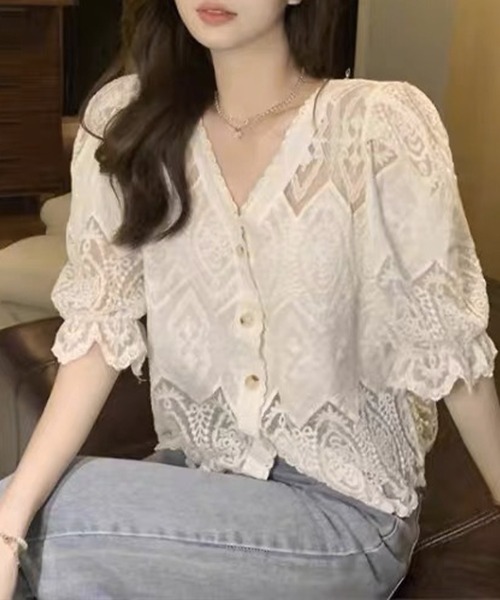 Felt-Maglietta（フェルトマリエッタ）の「総レースバルーンスリーブカーディガン（カーディガン/ボレロ・レディース・アイボリー/ホワイト・FREE）」の4枚目の写真