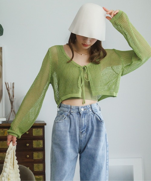 12345 メッシュカーディガン　メッシュトップス　ショートパンツ セール】【新色追加】トレンドのショート丈 透かし編みニット