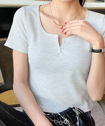ヘンリーネックワッフルショート丈Tシャツ