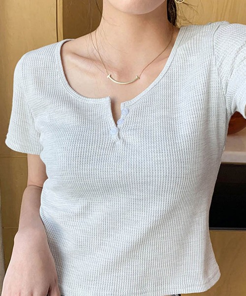 GLAMOROUS JANE(グラマラスジェーン)の「ヘンリーネックワッフルショート丈Tシャツ(Tシャツ/カットソー・レディース・グレー/ブラック/ホワイト・FREE)」の13枚目の写真