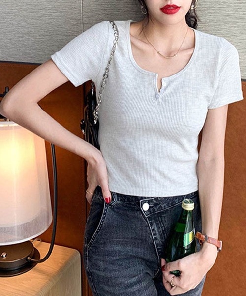 ヘンリーネックワッフルショート丈Tシャツ（Tシャツ/カットソー