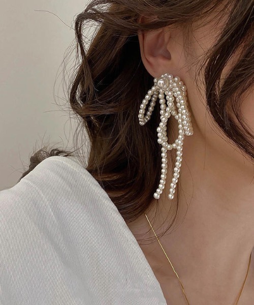 女性らしさをプラス♪】パールリボンピアス（両耳用）（ピアス（両耳用