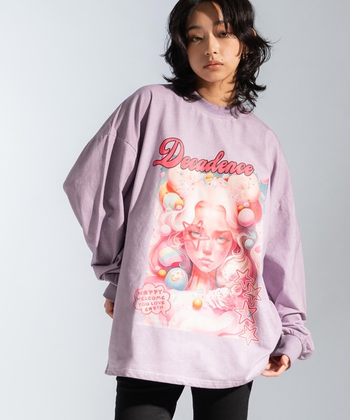 Ressaca（レサーカ）の「オーバーサイズ グラフィックロゴプリント長袖Tシャツ クルーネックカットソー（Tシャツ/カットソー・レディース・ピンク/ベージュ/パープル/ブラック・M/L/XL）」の3枚目の写真