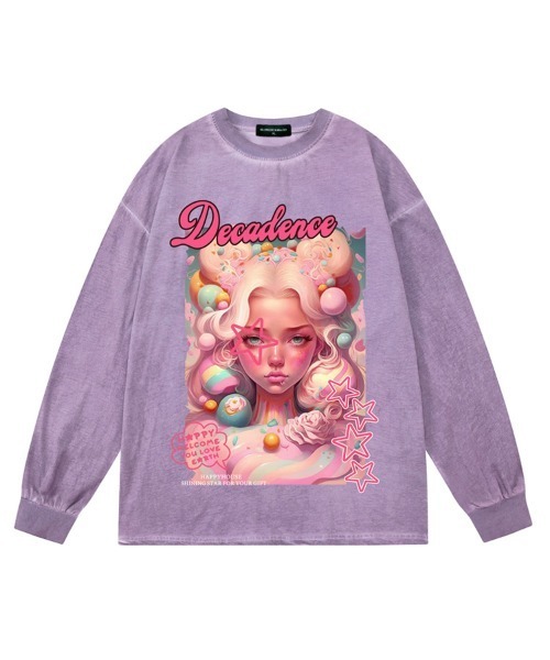 Ressaca（レサーカ）の「オーバーサイズ グラフィックロゴプリント長袖Tシャツ クルーネックカットソー（Tシャツ/カットソー・レディース・ピンク/ベージュ/パープル/ブラック・M/L/XL）」の12枚目の写真