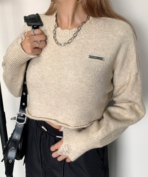 non-hedge（ノンヘッジ）の「プレートダメージショート丈ニットトップス（ニット/セーター・レディース・チャコールグレー/ベージュ/ブラック・FREE）」の3枚目の写真