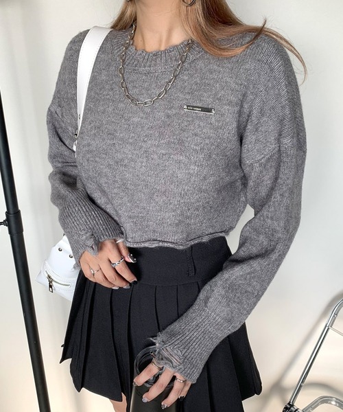 non-hedge（ノンヘッジ）の「プレートダメージショート丈ニットトップス（ニット/セーター・レディース・チャコールグレー/ベージュ/ブラック・FREE）」の7枚目の写真