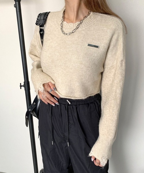 non-hedge（ノンヘッジ）の「プレートダメージショート丈ニットトップス（ニット/セーター・レディース・チャコールグレー/ベージュ/ブラック・FREE）」の11枚目の写真