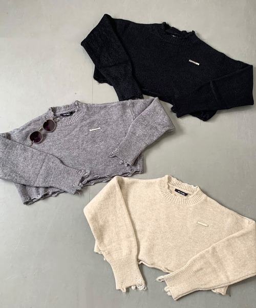 non-hedge（ノンヘッジ）の「プレートダメージショート丈ニットトップス（ニット/セーター・レディース・チャコールグレー/ベージュ/ブラック・FREE）」の5枚目の写真