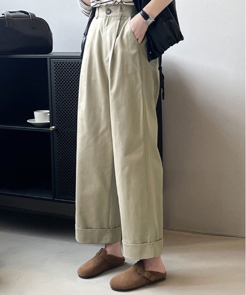 kirakiraShop(キラキラショップ)の「ハイウエスト ダブル 仕立て スラックス(チノパンツ・レディース・オフホワイト/ブラック/ベージュ・M/L)」の3枚目の写真