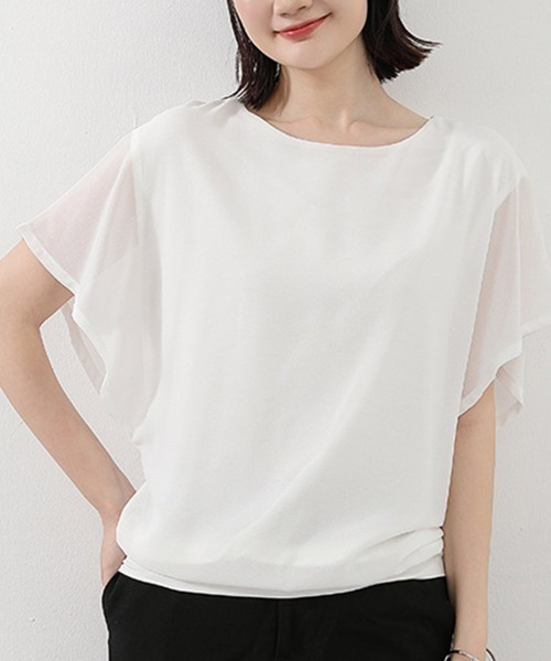Miniministore（ミニミニストア）の「フレア袖シャツブラウスシフォントップス（シャツ/ブラウス・レディース・ブルー/ブラック/ピンク/サーモンピンク/ホワイト/ネイビー・L/M）」の2枚目の写真