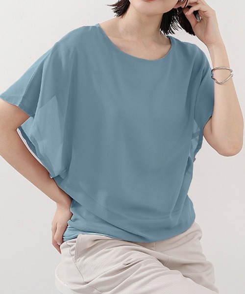 Miniministore（ミニミニストア）の「フレア袖シャツブラウスシフォントップス（シャツ/ブラウス・レディース・ブルー/ブラック/ピンク/サーモンピンク/ホワイト/ネイビー・L/M）」の4枚目の写真