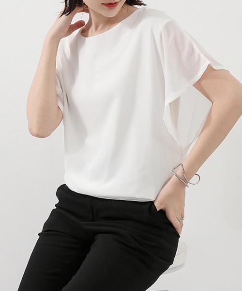 Miniministore（ミニミニストア）の「フレア袖シャツブラウスシフォントップス（シャツ/ブラウス・レディース・ブルー/ブラック/ピンク/サーモンピンク/ホワイト/ネイビー・L/M）」の10枚目の写真
