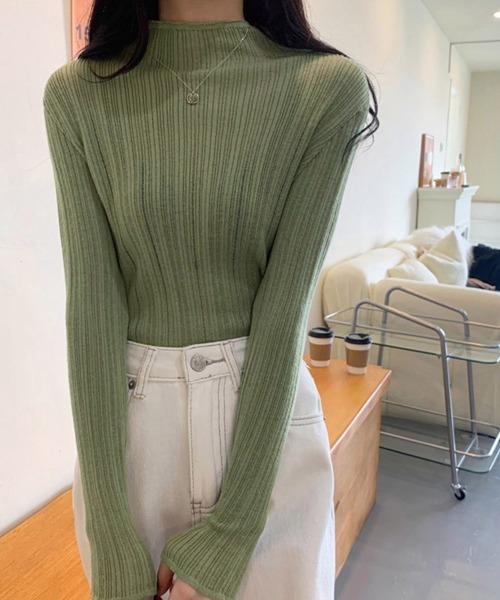 Miniministore(ミニミニストア)の「ハイネック リブニットトップス 長袖(ニット/セーター・レディース・ベージュ/ブラック/ホワイト/モスグリーン/ライトグレー・FREE)」の5枚目の写真