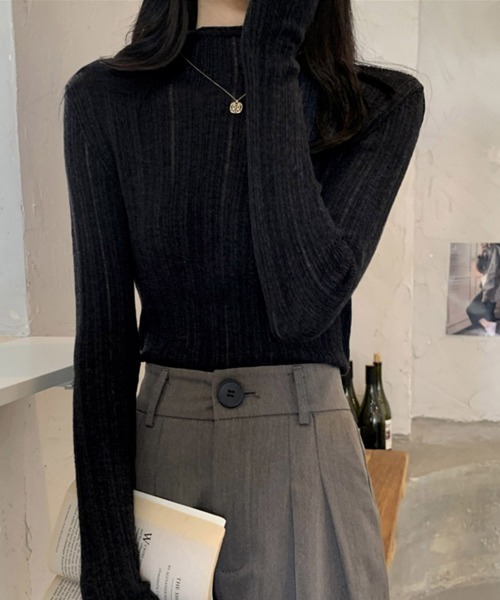 Miniministore(ミニミニストア)の「ハイネック リブニットトップス 長袖(ニット/セーター・レディース・ベージュ/ブラック/ホワイト/モスグリーン/ライトグレー・FREE)」の3枚目の写真