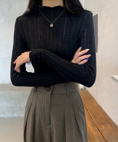 Miniministore(ミニミニストア)の「ハイネック リブニットトップス 長袖(ニット/セーター・レディース・ベージュ/ブラック/ホワイト/モスグリーン/ライトグレー・FREE)」の19枚目の写真