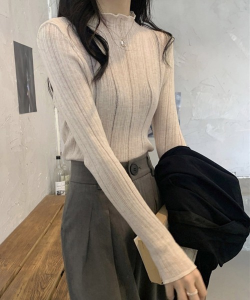 Miniministore(ミニミニストア)の「ハイネック リブニットトップス 長袖(ニット/セーター・レディース・ベージュ/ブラック/ホワイト/モスグリーン/ライトグレー・FREE)」の11枚目の写真