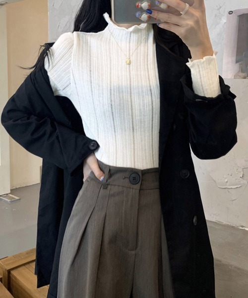 Miniministore(ミニミニストア)の「ハイネック リブニットトップス 長袖(ニット/セーター・レディース・ベージュ/ブラック/ホワイト/モスグリーン/ライトグレー・FREE)」の12枚目の写真