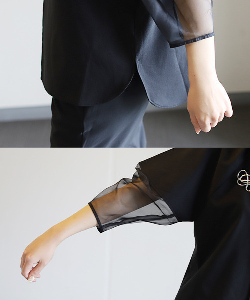 REAL CUBE（リアルキューブ）の「ランタンスリーブシアー切替えブラウス（シャツ/ブラウス・レディース・ブラック/ベージュ/オリーブ・M）」の9枚目の写真