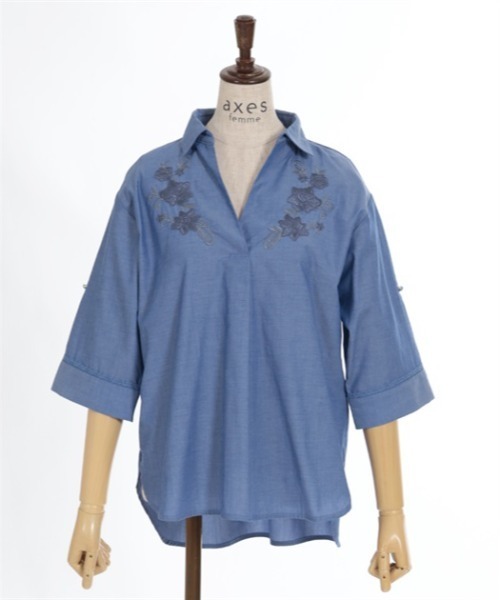 axes femme（アクシーズファム）の「花刺繍入スキッパーシャツ（シャツ/ブラウス・レディース・ホワイト/ブラック/ブルー・FREE）」の10枚目の写真