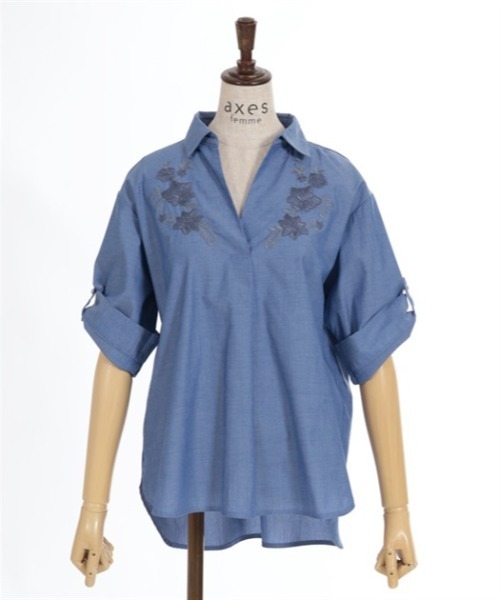 axes femme（アクシーズファム）の「花刺繍入スキッパーシャツ（シャツ/ブラウス・レディース・ホワイト/ブラック/ブルー・FREE）」の12枚目の写真