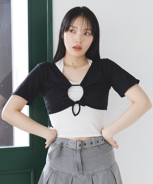 3.3 Field Trip (3.3フィールドトリップ)の「3.3 Field Trip/キャミツキハンソデカーデ(カーディガン/ボレロ・レディース・ピンク/グレー/ブラック・FREE)」の2枚目の写真