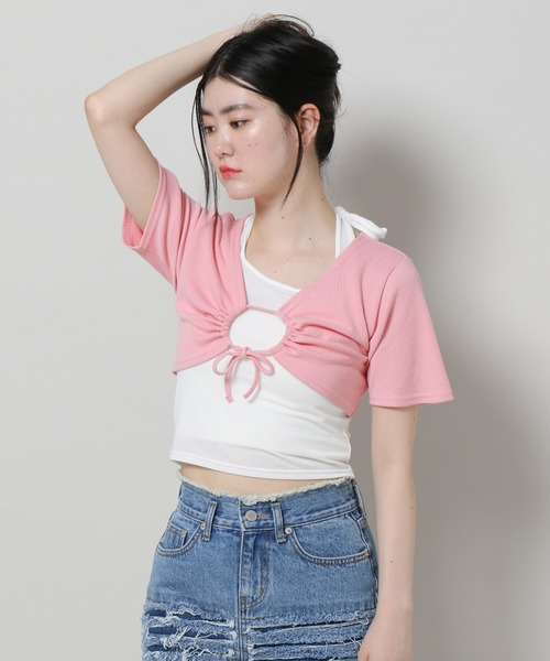 3.3 Field Trip (3.3フィールドトリップ)の「3.3 Field Trip/キャミツキハンソデカーデ(カーディガン/ボレロ・レディース・ピンク/グレー/ブラック・FREE)」の6枚目の写真