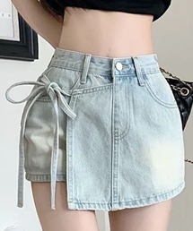 リボン　インナーパンツ一体型 ミニスカート風デニムパンツ