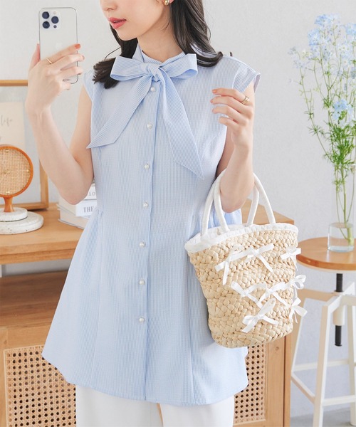 KOBE LETTUCE(コウベレタス)の「ボウタイフレアブラウス(シャツ/ブラウス・レディース・オフホワイト/サックスブルー系/イエロー系/ブラック系・M)」の8枚目の写真